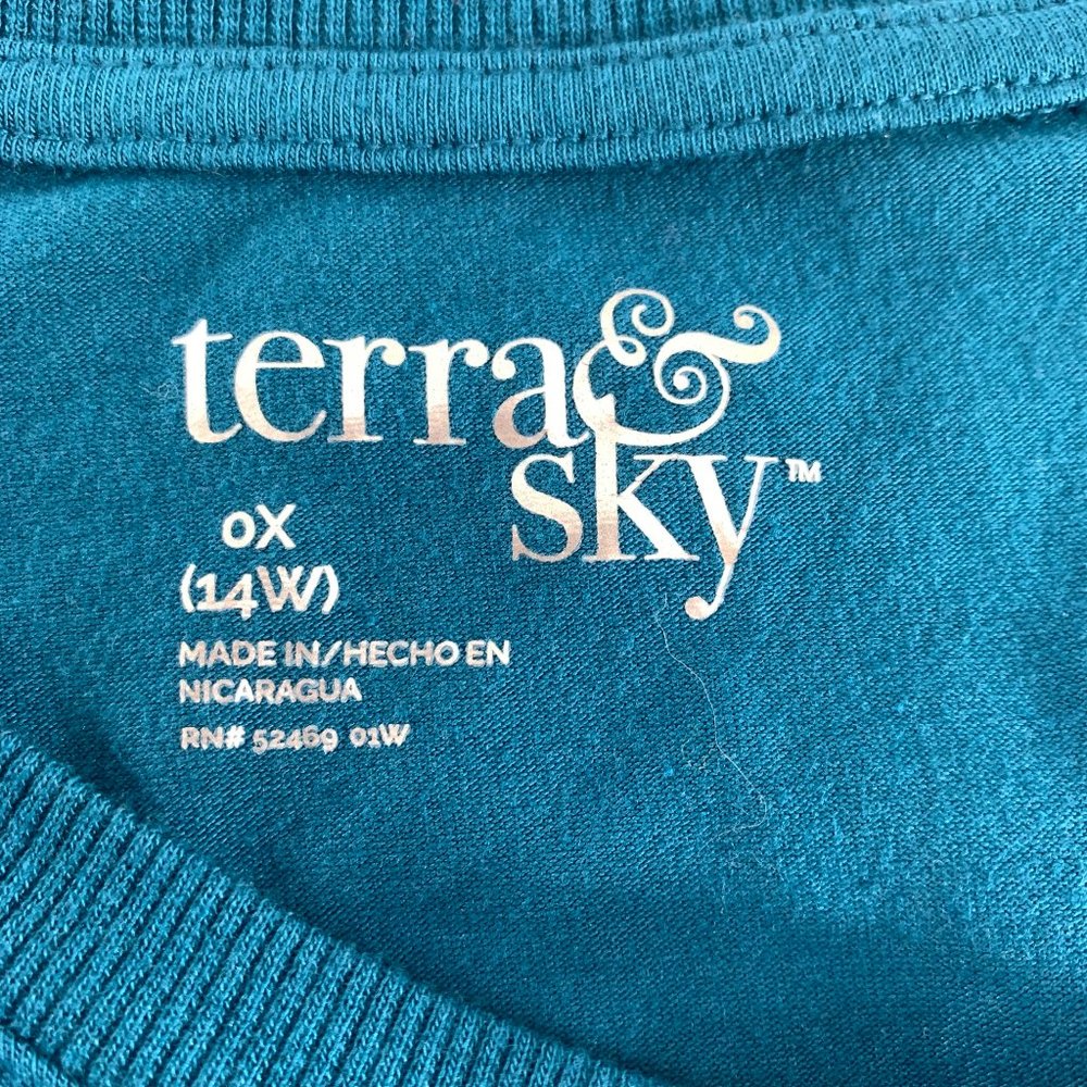 Terra & Sky Womens Sweater Size 0X 14W Blue Green Solid Long Sleeve Knit Popover - Picture 3 of 9